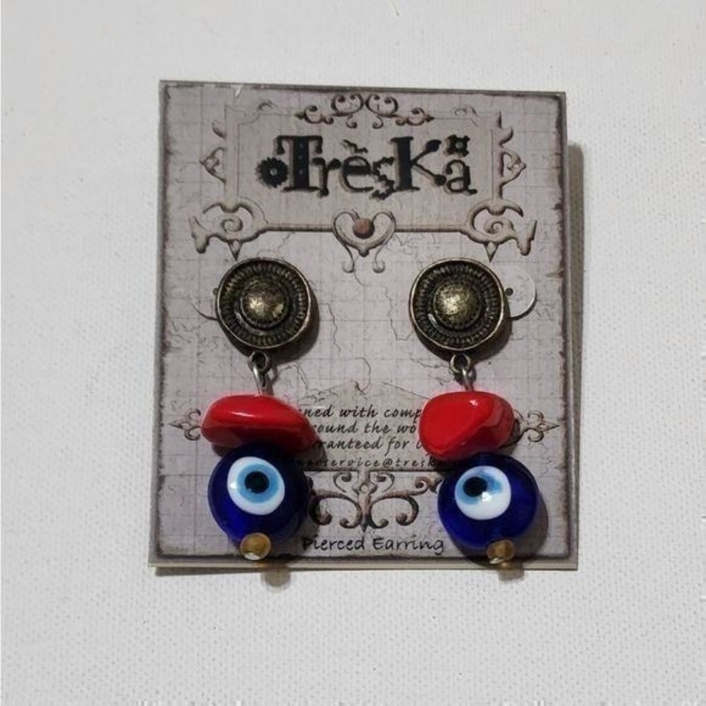 Treska Evil Eye Drop Earrings Blue Red Glass Nazar Bead Antique Bronze Pierced